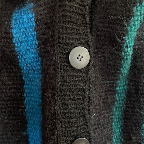 80’s Handknit Oversized Cardigan Mohair Wool & Nylon Balck with Blue XL-1X - Picture 6 of 10